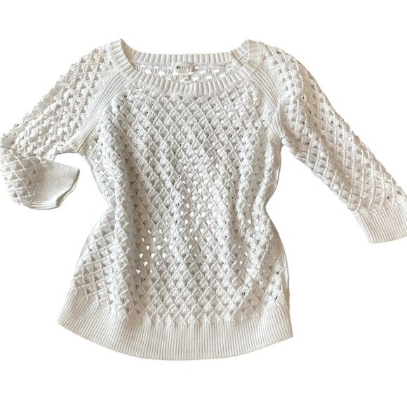 STYLUS Open Knit White Spring Summer Cotton Sweater-Top Cover-up Sz L #340B - Picture 2 of 8